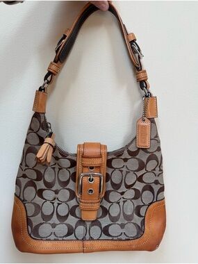 Coach Brown Signature Canvas Shoulder Bag with Tan Leather Trim